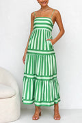 Green striped tiered maxi dress with spaghetti straps