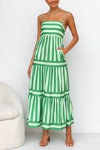 Green striped tiered maxi dress with spaghetti straps