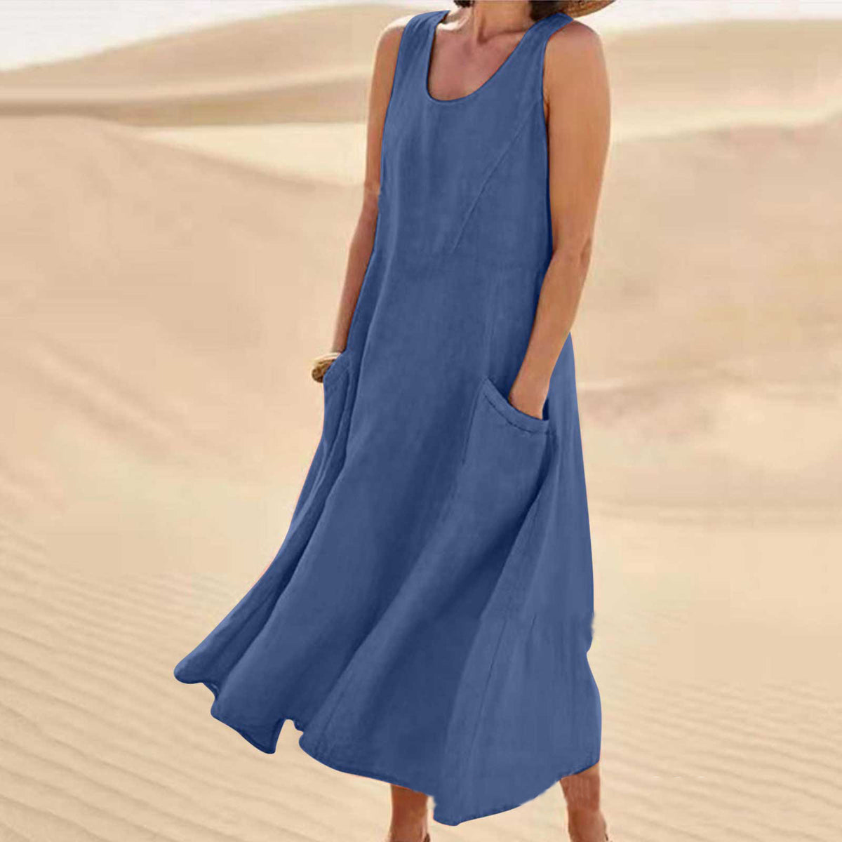 OONA sleeveless long summer dress in sky blue, round neckline and side pocket