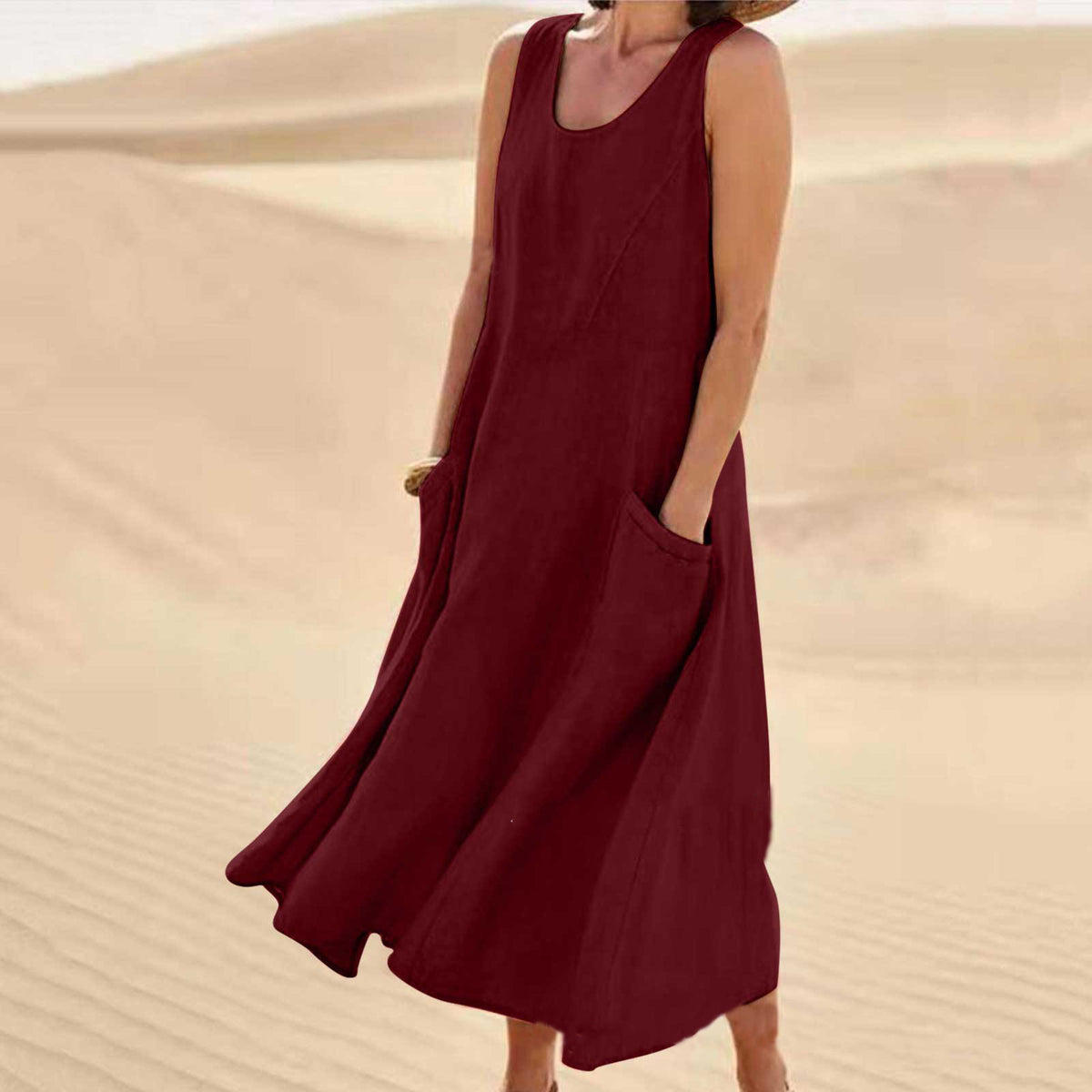 OONA sleeveless long summer dress in wine red, round neckline and side pocket