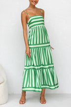 Green striped tiered maxi dress with thin spaghetti straps