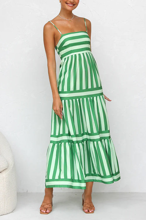 Green striped tiered maxi dress with thin spaghetti straps