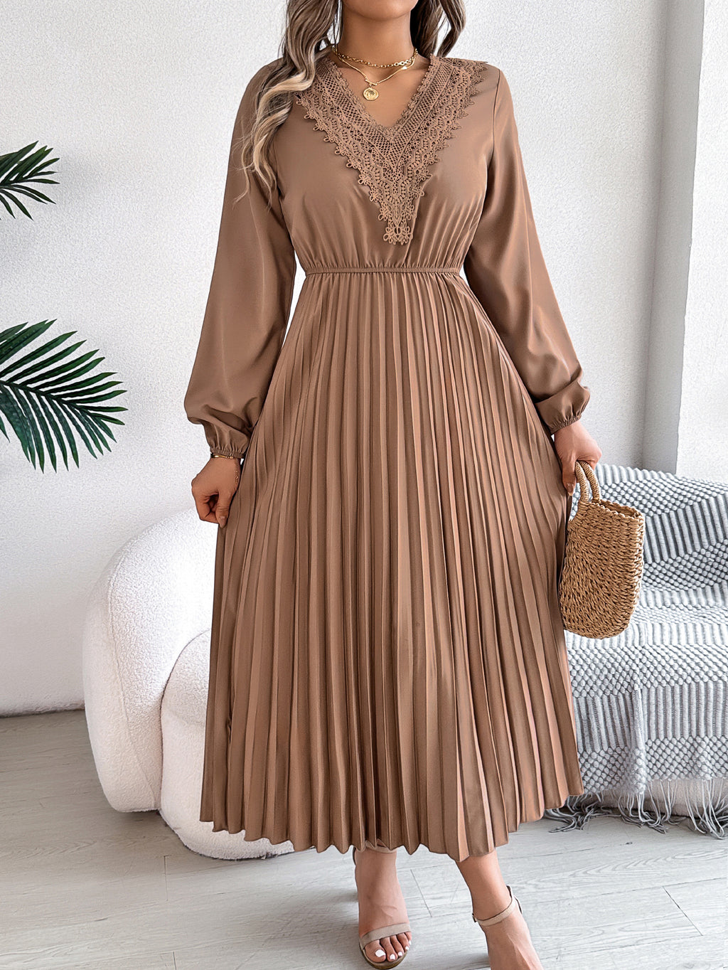 Pleated midi dress with long sleeves and lace-trim V-neck in taupe