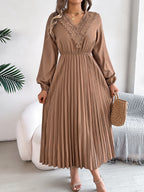 Pleated midi dress with long sleeves and lace-trim V-neck in taupe