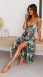 Teal floral georgette midi dress with spaghetti straps, tie-front V-neck, flowing skirt