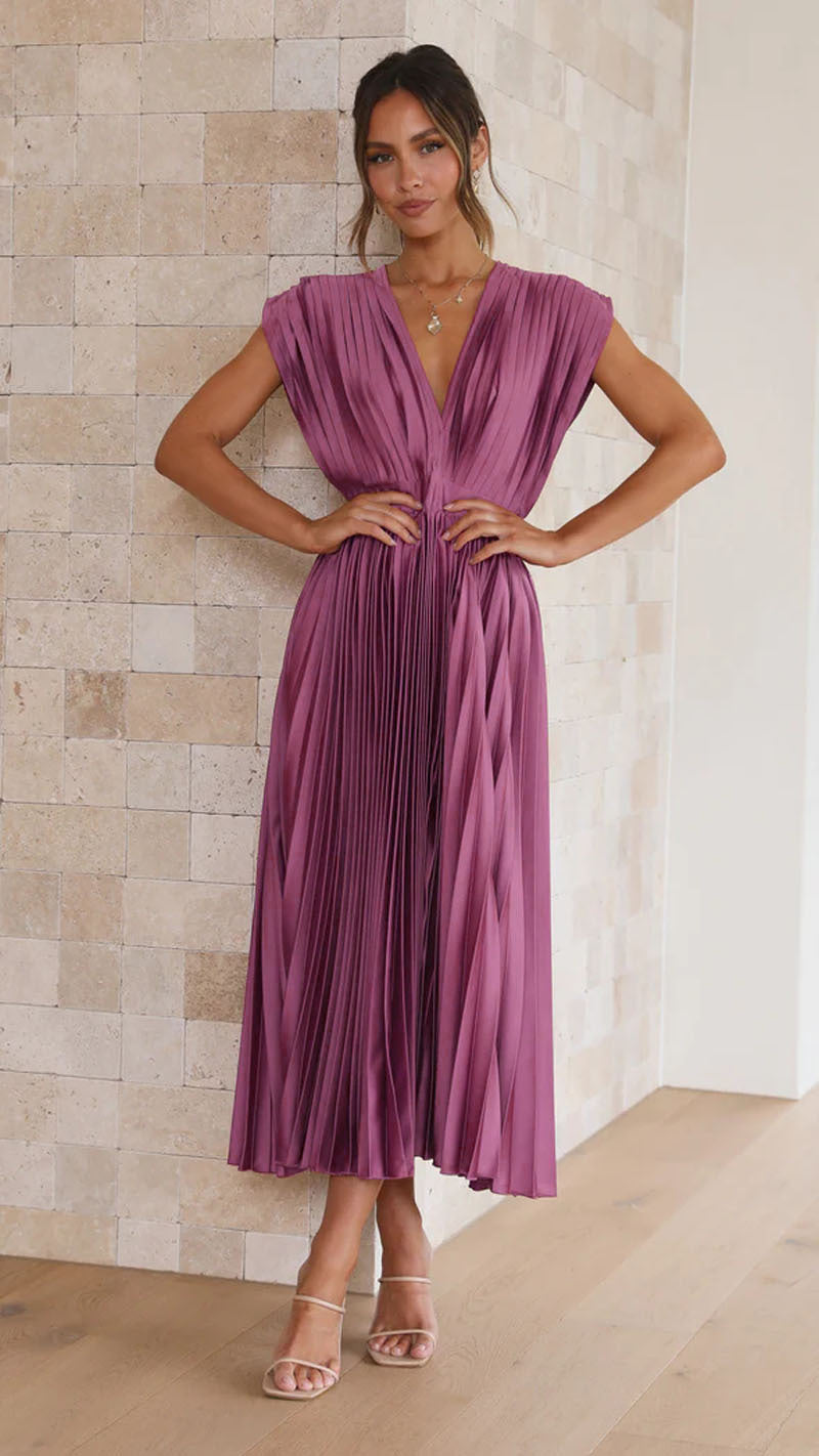 Mauve-purple pleated V-neck maxi dress with tied waist belt and short flutter sleeves