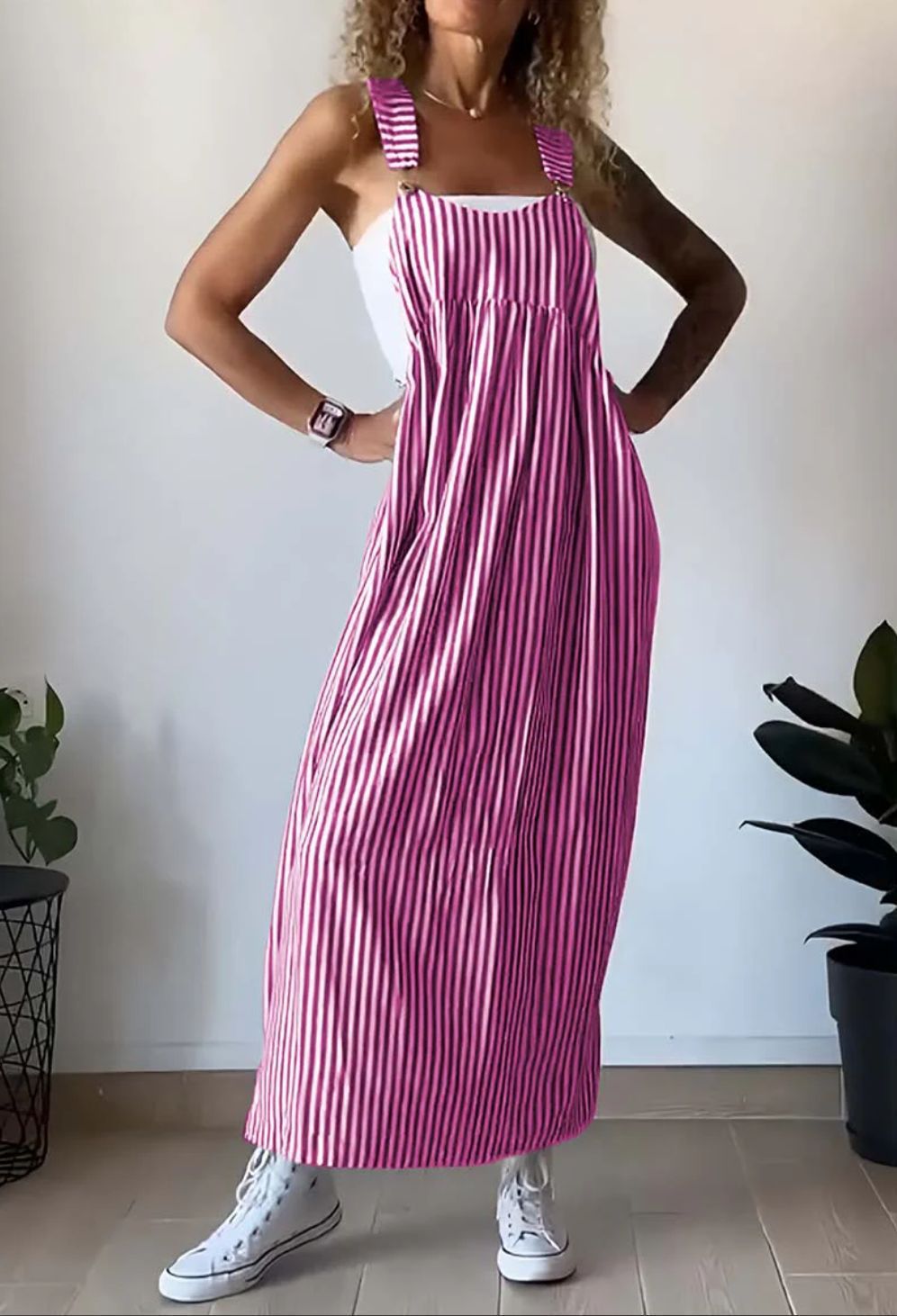 Pink and purple striped loose-fit maxi dress with square neckline and sleeveless cut