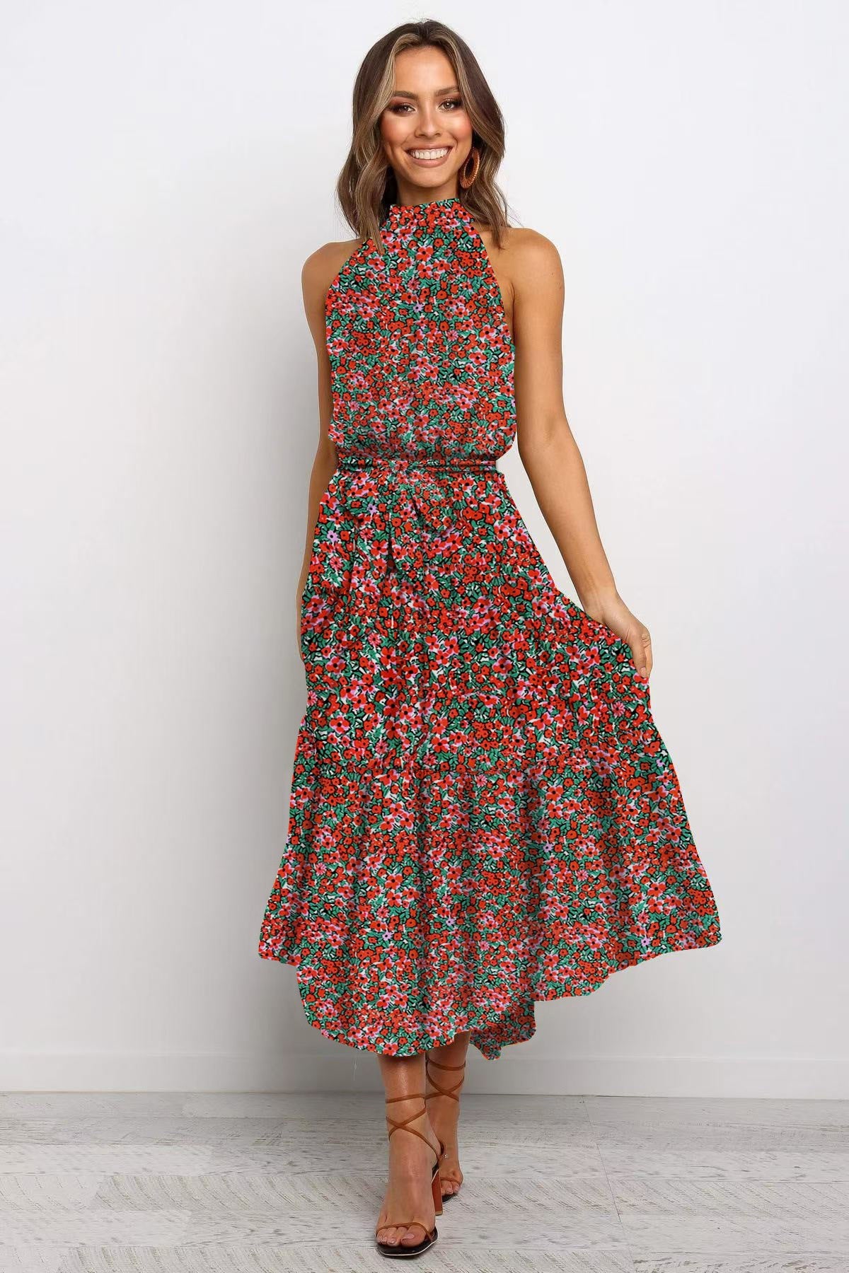 Red green halter long floral midi dress with gathered skirt and ties