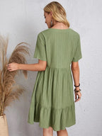Nanna™ V-neck tiered dress, light green back view with short sleeves
