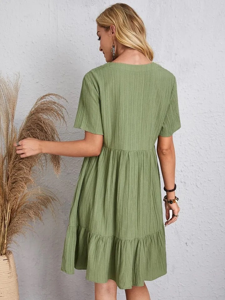 Nanna™ V-neck tiered dress, light green back view with short sleeves