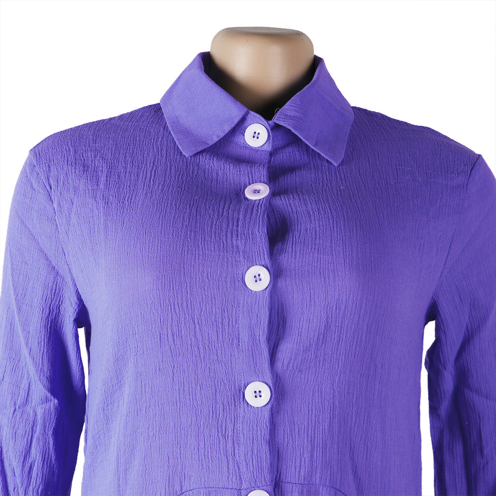 WINONA comfortable summer dress neckline and button placket, purple long-sleeve