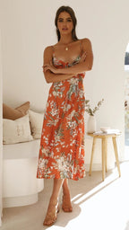 Orange floral georgette midi dress with spaghetti straps, tie-front V-neck, flared hem
