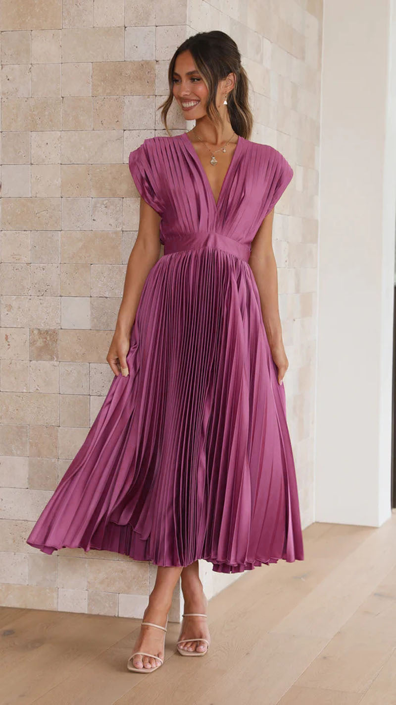Rose purple pleated maxi dress with V-neck, gathered waist, and short puff sleeves