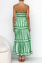 Green striped tiered maxi dress, racerback with spaghetti straps