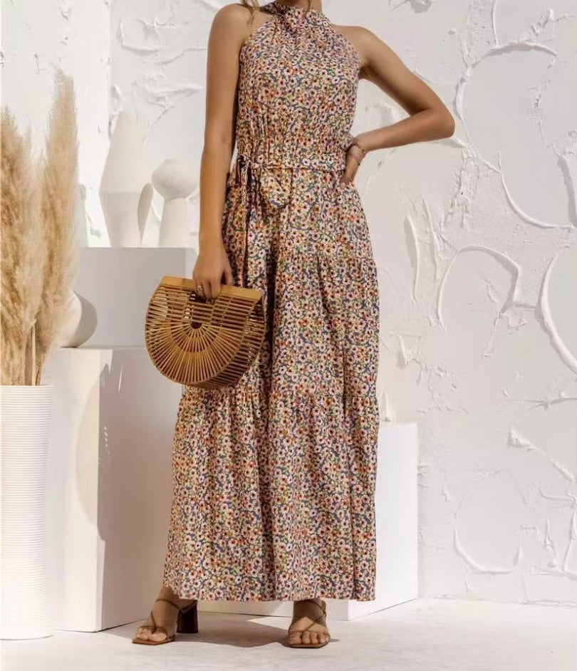 Long halter floral dress with multicolor print and tiered skirt