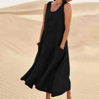 OONA long summer dress, sleeveless black with round neck and side pockets