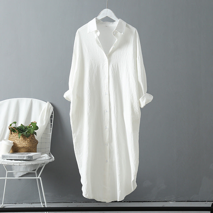 Loose cotton button-up shirt, white, long sleeves, chest button placket