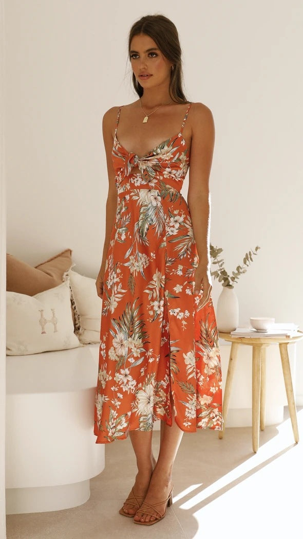 Orange floral georgette midi dress with spaghetti straps, tie-front V-neck, gathered skirt