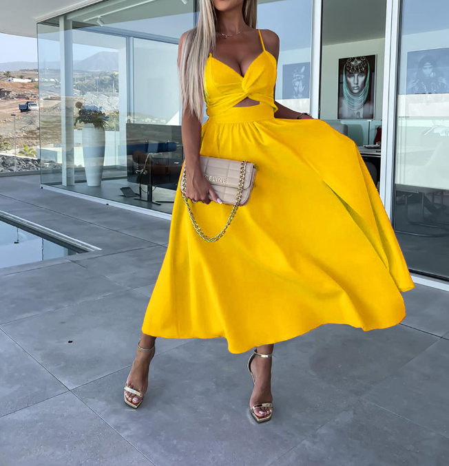 Yellow sleeveless midi dress with V-neck twist bodice and flowing skirt