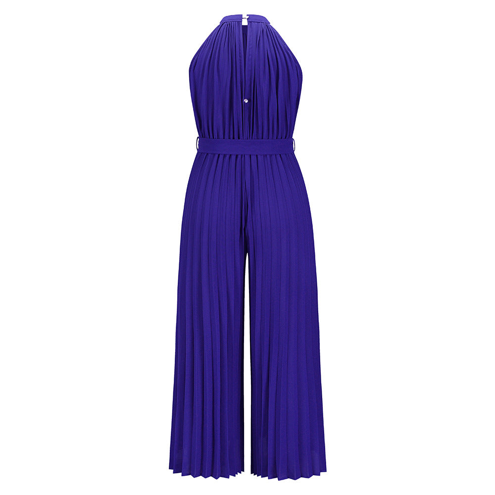 Purple pleated halter jumpsuit with tied waist and wide-leg pants