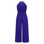Purple pleated halter jumpsuit with tied waist and wide-leg pants