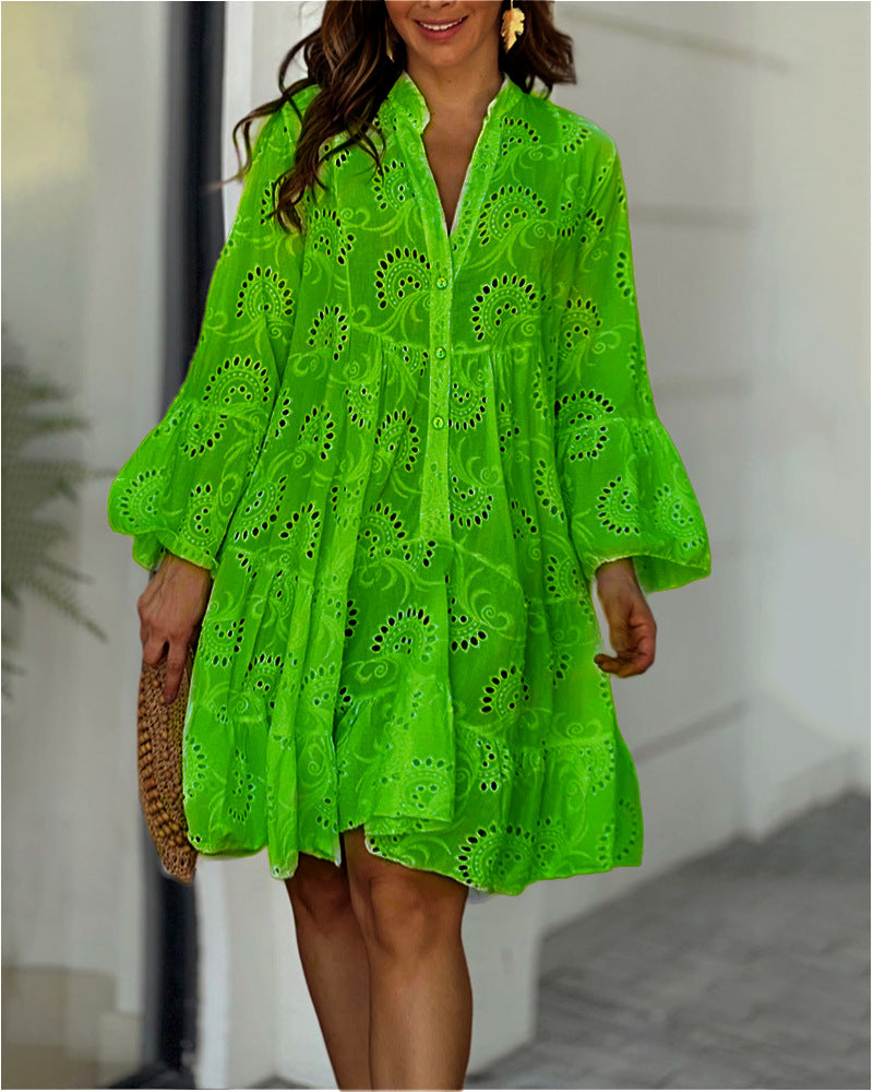 Green eyelet summer dress, V-neck button-front, tiered skirt and flared sleeves