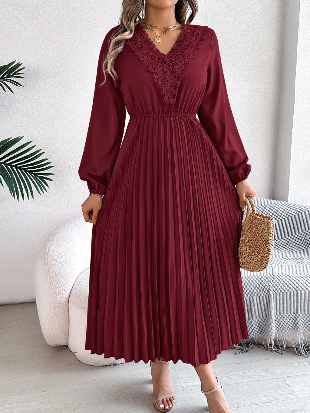 Pleated midi dress with long sleeves and lace-trim V-neck in wine red