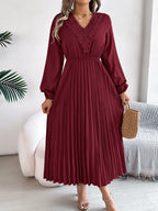 Pleated midi dress with long sleeves and lace-trim V-neck in wine red