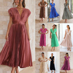 Pleated maxi dress shown in multiple colors, with V-neck and gathered waist