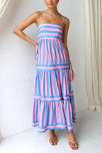 Pink and blue striped tiered maxi dress with thin spaghetti straps