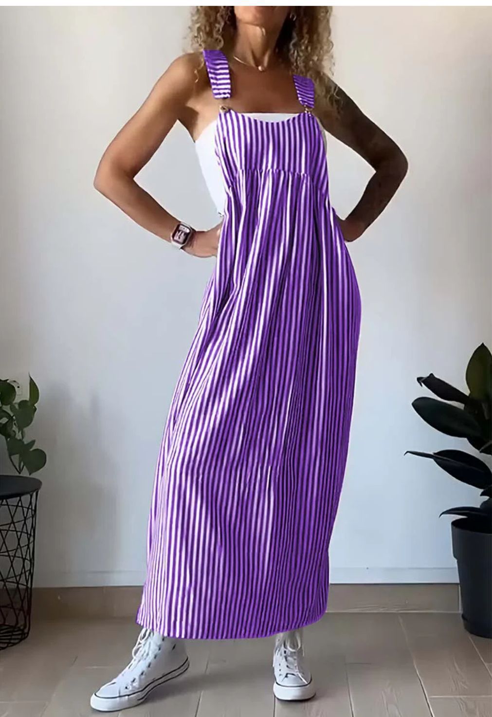 Purple striped loose-fit maxi dress with square neckline and sleeveless design