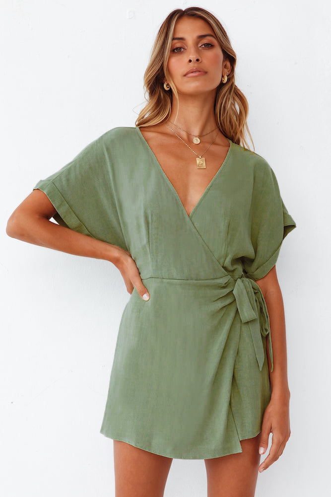Olive-green wrap V-neck short-sleeve playsuit with side-tie waist