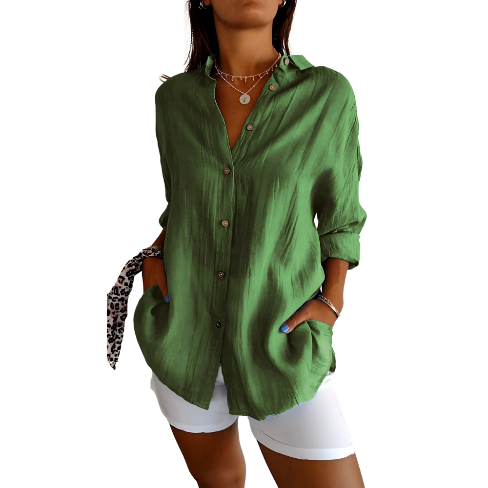 Green collared button-front blouse with patch pocket and long sleeves, relaxed fit