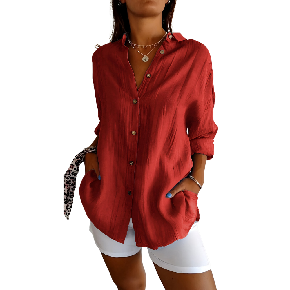 Red collared button-front blouse with patch pocket and long sleeves, relaxed fit