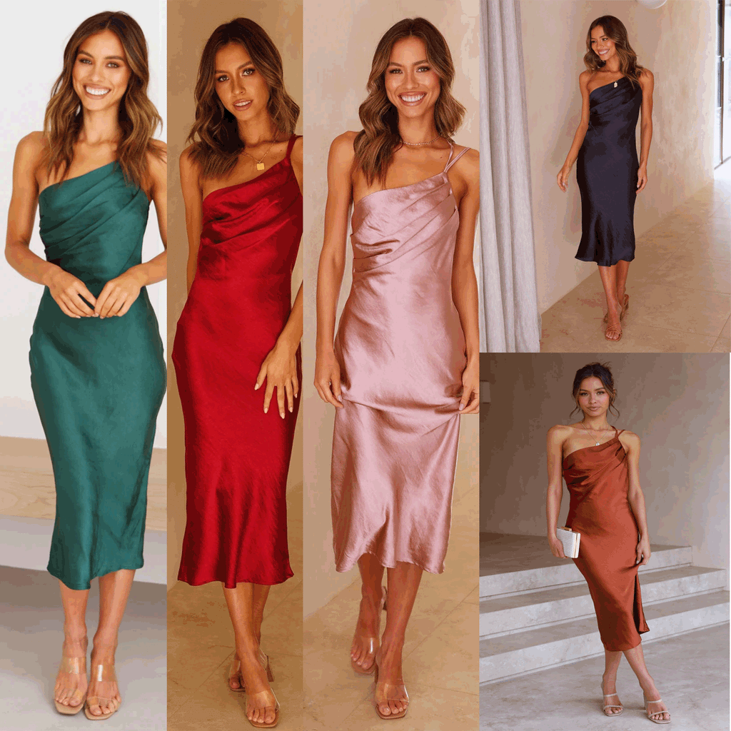 ZLATA one-shoulder midi dress color options: teal, red, blush pink, dark navy, brown.