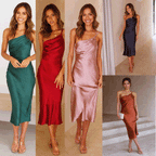 ZLATA one-shoulder midi dress color options: teal, red, blush pink, dark navy, brown.