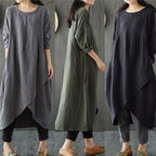 Gray oversized spring dress with 3/4 sleeves, round neck, asymmetrical draped hem