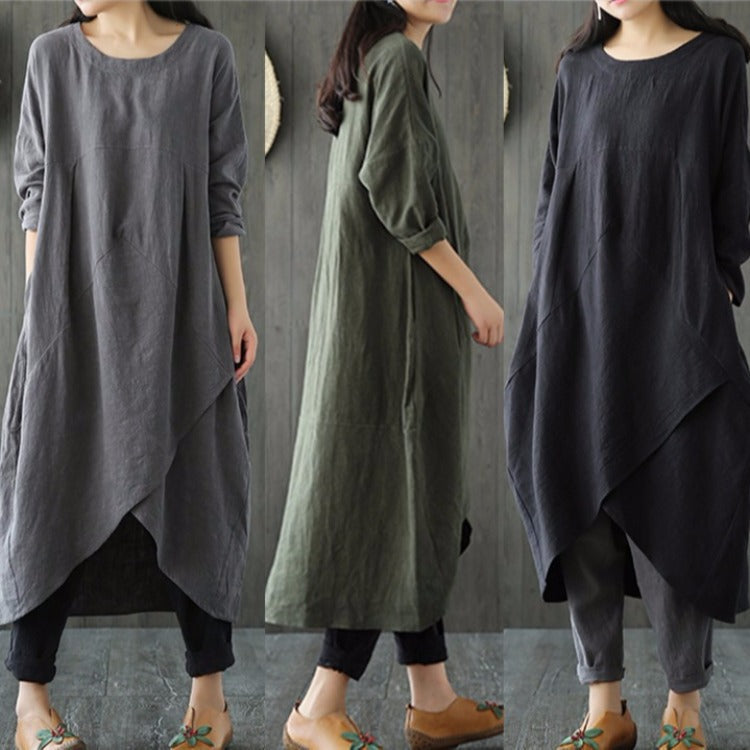 Gray oversized spring dress with 3/4 sleeves, round neck, asymmetrical draped hem