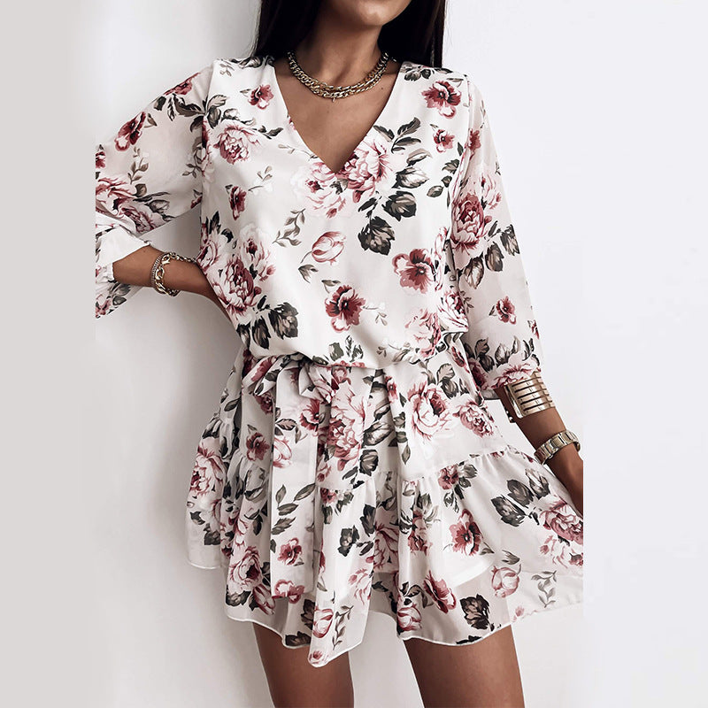 Floral mini dress in white with rose and dark floral print, V-neck, long sleeves