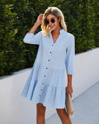 Comfy blue check summer dress with V-neck, button front, gathered skirt and puff sleeves