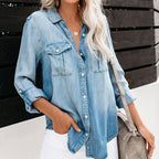 Light blue denim shirt dress, button-front, long sleeves, chest pockets