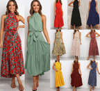 Assorted sleeveless halter long polka-dot dresses with tied waists (multiple colors)