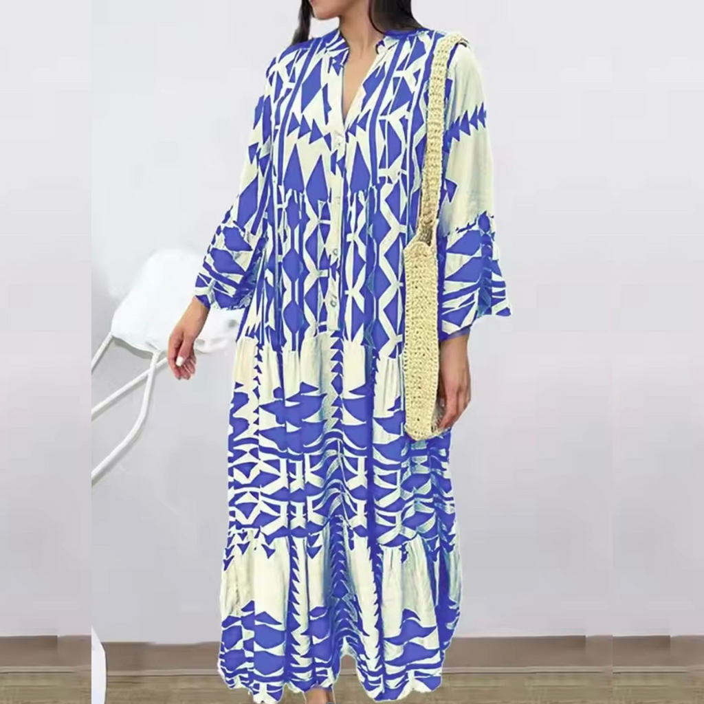 Laura™ summer maxi dress, cobalt and cream geometric pattern, long sleeves