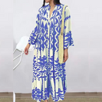 Laura™ summer maxi dress, cobalt and cream geometric pattern, long sleeves