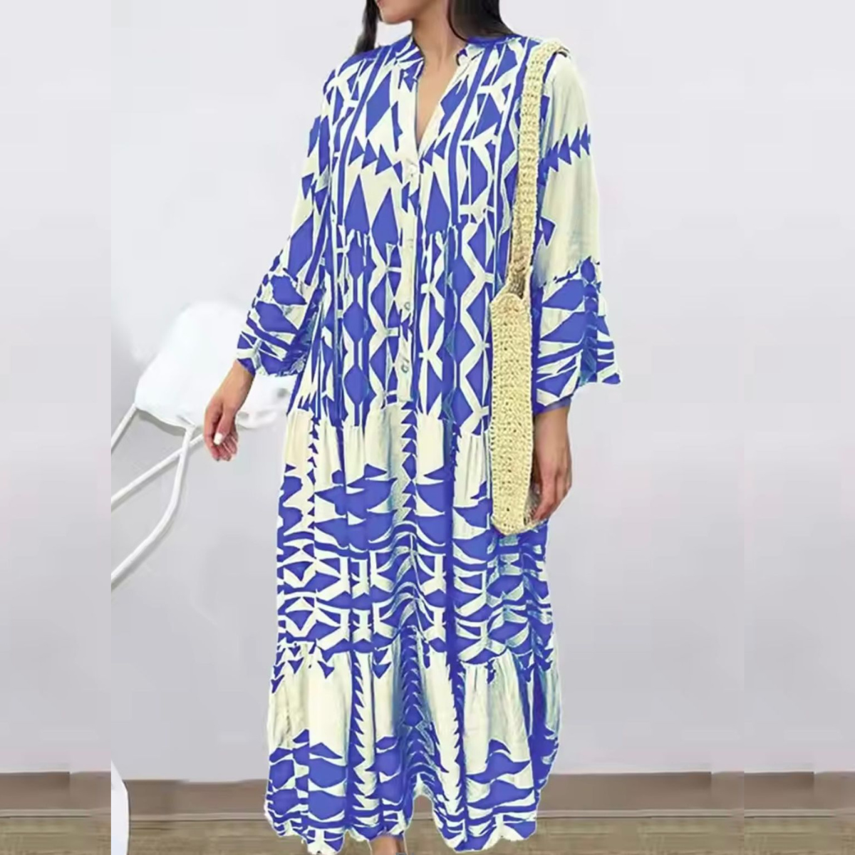 Laura™ summer maxi dress, cobalt and cream geometric pattern, long sleeves