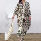 Laura™ summer maxi dress, olive/black and cream geometric print, long sleeves
