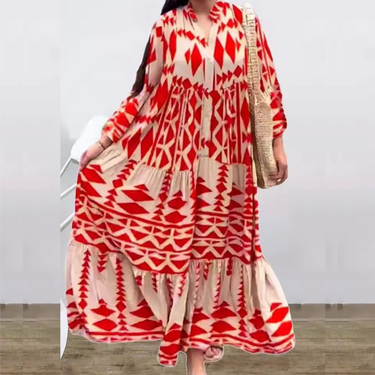 Laura™ summer maxi dress, red and cream geometric print, long sleeves
