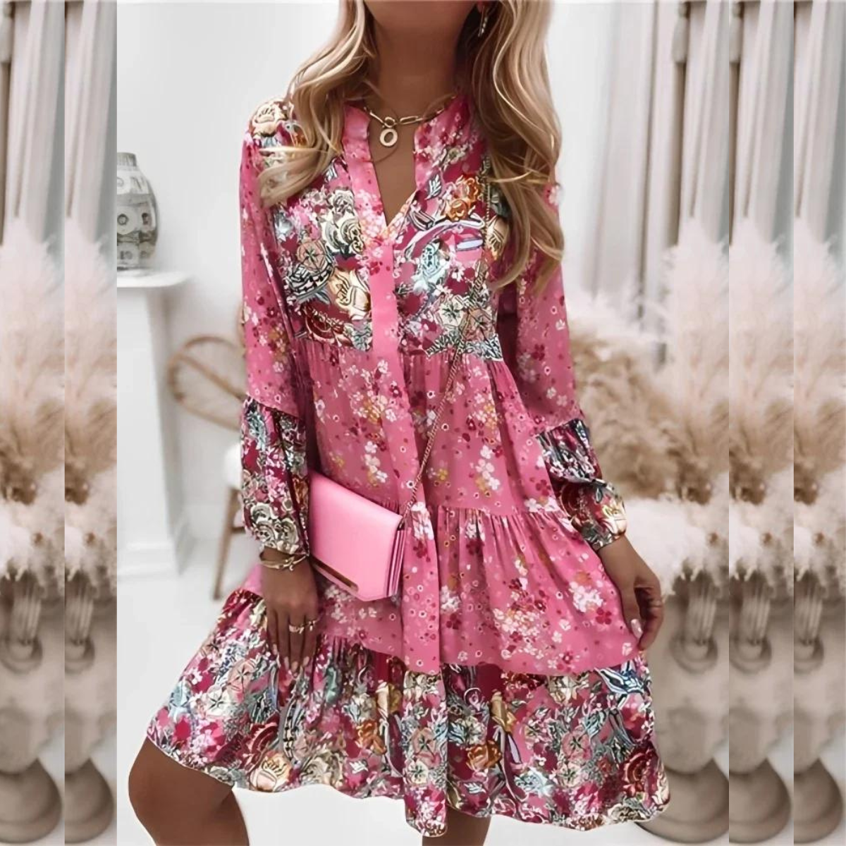 Pink printed long-sleeve tiered dress with V-neck and ruffle hem
