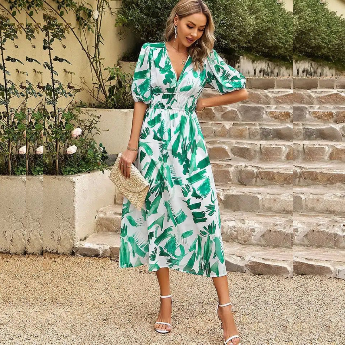 Summer dress with green leaf print, V-neck, puff sleeves, gathered waist, midi length
