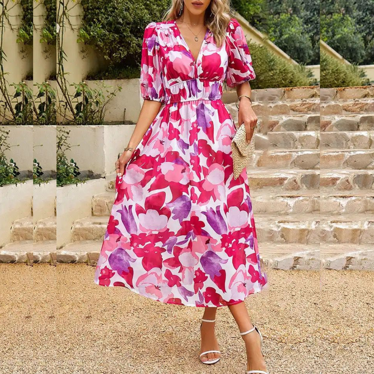 Summer dress with pink floral abstract print, V-neck, puff sleeves, gathered waist, midi